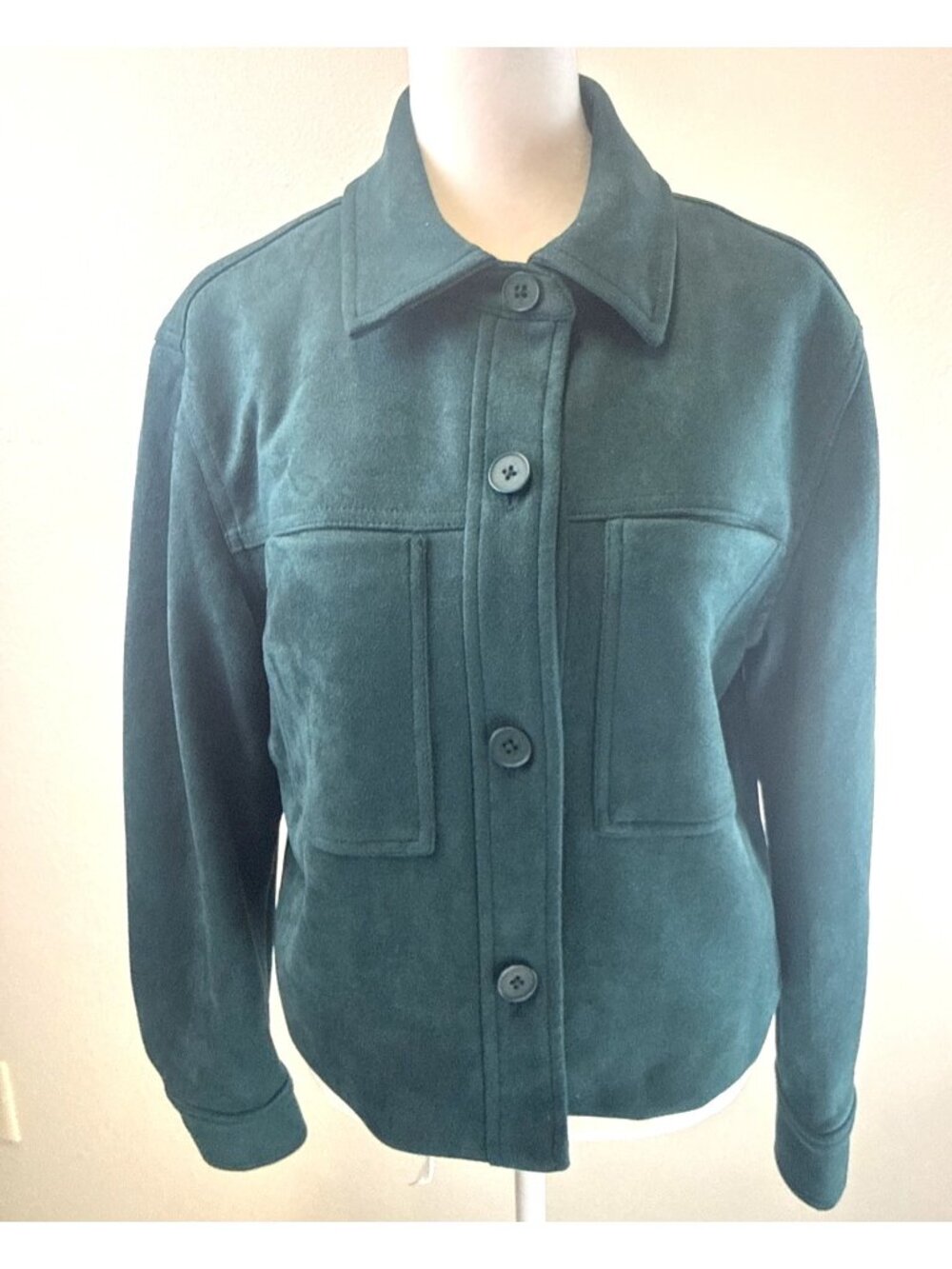 Tahari Teal Faux Leather Suede Button-Up Jacket Dual Front Pockets Size M Office